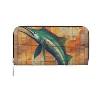 Mens Wallet PU Leather Wallets for Men UK Wallets with Coin Pocket Zip (Wooden Art Swordfish)