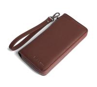 Men's wallet, vintage cowhide, large capacity, long style, zipper closure, RFID shielding protection credit card clip, equipped with detachable wristband, can hold mobile phones, Red brown