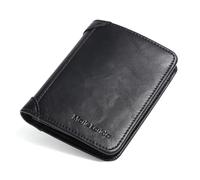 Men's wallet, vintage cowhide, large capacity, short three fold style, open closure, RFID shielding protection credit card holder, Black, Retro Style