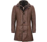 Men's Warm Brown Nappa Leather Shearling Sheepskin Trench Pilot Jacket Coat