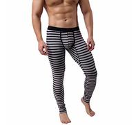 Mens Warm Striped Long Underwear U Bulge Pouch Stretch Mid Waist Comfortable Long Leg Patchwork Cotton Breathable Anti Chafing Underpants for The Bedroom Gray