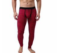 Mens Warm Striped Long Underwear U Bulge Pouch Stretch Mid Waist Comfortable Long Leg Patchwork Cotton Breathable Anti Chafing Underpants for The Bedroom Red