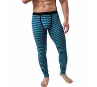 Mens Warm Striped Long Underwear U Bulge Pouch Stretch Mid Waist Comfortable Long Leg Patchwork Cotton Breathable Anti Chafing Underpants for The Bedroom Green