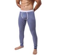 Mens Warm Striped Long Underwear U Bulge Pouch Stretch Mid Waist Comfortable Long Leg Patchwork Cotton Breathable Anti Chafing Underpants for The Bedroom Blue