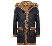 Men's Warm Winter Long Real Sheepskin Leather Ginger Brown Hooded Duffle Coat XL