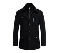 Men's Warm Wool Coat, Removable Double Collar Pea Coats Casual Winter Business Slim Fit Jacket Plus Cotton Lining Thick Outdoor Windproof Coat Outdoor, Brown, L, F Normal Black