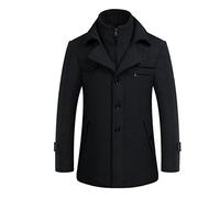 Men's Warm Wool Coat, Removable Double Collar Pea Coats Casual Winter Business Slim Fit Jacket Plus Cotton Lining Thick Outdoor Windproof Coat Outdoor, Brown, L, G-thick black