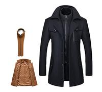 Men's Warm Wool Coat, Removable Double Collar Pea Coats Casual Winter Business Slim Fit Jacket Plus Cotton Lining Thick Pull Outdoor Windproof Coat Outdoor, B-black, XXL