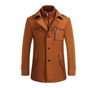 Men's Warm Wool Coat, Removable Double Collar Pea Coats Casual Winter Business Slim Fit Jacket Plus Cotton Lining Thick Pull Outdoor Windproof Coat Outdoor, F-Normal Khaki, XXL