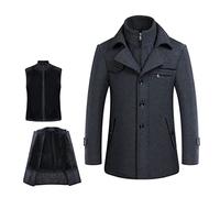 Men's Warm Wool Coat, Removable Double Collar Pea Coats Casual Winter Business Slim Fit Jacket Plus Cotton Lining Thick Pull Outdoor Windproof Coat Outdoor, E-grey, XL