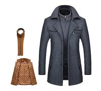 Men's Warm Wool Coat, Removable Double Collar Pea Coats Casual Winter Business Slim Fit Jacket Plus Cotton Lining Thick Pull Outdoor Windproof Coat Outdoor, Aa grey, XL