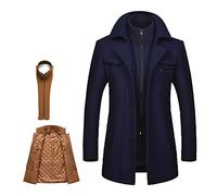 Men's Warm Wool Coat, Removable Double Collar Pea Coats Casual Winter Business Slim Fit Jacket Plus Cotton Lining Thick Pull Outdoor Windproof Coat Outdoor, AA Navy, XL