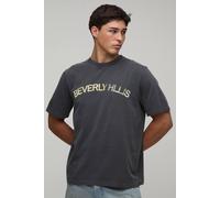 Men's Washed Black Regular Beverly Hills Print T-Shirt | Charcoal | Size Medium | BOOHOOMAN