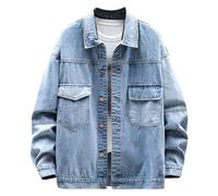 Mens Washed Distressed Denim Jacket Single Breasted Button Jean Coat Large Pocket Loose Streetwear Jacket, Blue, 8XL