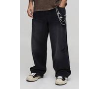 Men's Washed Distressed Gothic Chain Detail Super Baggy Jeans | Washed Black | Size 34R | BOOHOOMAN