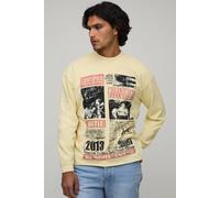 Men's Washed Oversized Boxy Magazine Print Raw Hem Long Sleeve T-Shirt | Yellow | Size Medium | BOOHOOMAN