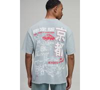 Men's Washed Oversized Kyoto Print Distressed T-Shirt | Charcoal | Size Medium | BOOHOOMAN