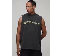 Men's Washed Regular Beverly Hills Print Tank | Charcoal | Size X-Small | BOOHOOMAN