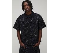 Men's Washed Rhinestone Boxy Oversized Revere Denim Shirt | Washed Black | Size 3X-Large | BOOHOOMAN