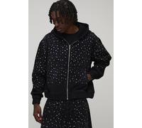 Men's Washed Rhinestone Boxy Oversized Zip Up Denim Hoodie | Washed Black | Size 3X-Large | BOOHOOMAN