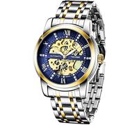 Men's Watch Mechanical Stainless Steel Skeleton Automatic Waterproof Business Watches for Men, goldblue, Mechanical,Automatic Watch