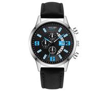 Men's Watch, Personalized Dial Decoration, Fake Three Eyes Quartz Analog Calendar Watch with PU Leather Strap, Black With Silver Shell Black Face Blue Needle, Strap