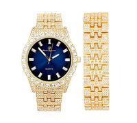 Mens Watch w/Matching Iced Rolly Hip Hop Bracelet - Big Rhinestones on Trim and Elegant Baquette Time Indicators on Dial - Master Bling Designer - ST10226BGS (Matching Gold/Royal Blue BA)