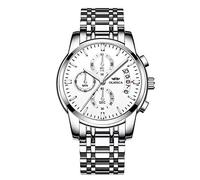 Men's Watches Butterfly Snap Buckle Steel Belt Multi-Function Watch Waterproof Luminous Quartz 3 Eye 6-Pin Watch, Stainless Steel White Surface