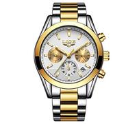 Men's Watches,Casual Fashion Trend Double-Eye Multi-Function Luminous Steel Belt Watch Lg9872D Gold White
