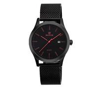 Men's Watches Fashion Steel Band Sports Watch Waterproof Business Quartz Watch, Black Face Red Letter