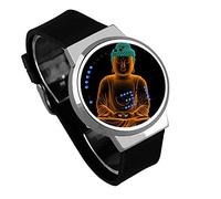 Men's Watches,Fashion Touch Screen LED Watch Game Buddha Waterproof Luminous Electronic Watch Gift Silver Shell Black Belt