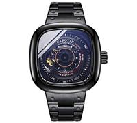 Men's Watches,Fashion Trend Automatic Mechanical Watch Steel Belt Square Double-Sided Hollow Watch, Black Shell Black Surface