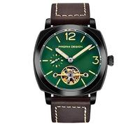 Men's Watches,Fully Automatic Korean Version of The Business Through The Hollow Watch Waterproof Leather Strap Watch Green Coffee Belt