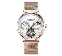 Men's Watches Fully Automatic Mechanical Hollow Waterproof Luminous Trendy Casual Watch, Rose Gold White Steel Belt