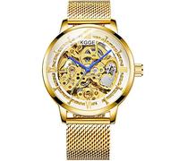 Men's Watches Fully Automatic Mechanical Watch Multi-Function Full Transparent Personality Watch, Blue Needle Gold White Plate Steel Belt