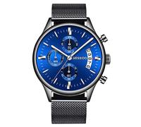 Men's Watches,Multifunction 3 Eyes 6 Pin Quartz Watch Leather Strap Waterproof Calendar Luminous Watch, Milan Black Steel Blue Face