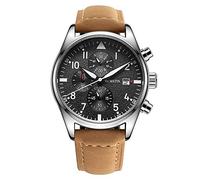 Men's Watches,Multifunction Chronograph Quartz Watch, Black Face Silver Case White Text