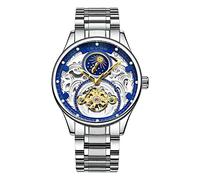 Men's Watches,Self-Winding Mechanical Steel Belt Watch Moon Phase Tourbillon Heavy Work Watch Silver Shell Blue Inner Shadow