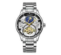 Men's Watches,Self-Winding Mechanical Steel Belt Watch Moon Phase Tourbillon Heavy Work Watch Silver Shell Black Inner Shadow