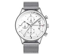 Men's Watches,Sport Multifunction 6-Pin Chronograph Waterproof Luminous Watch, Milan Steel with White Face
