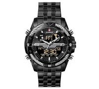 Men's Watches Sports Dual Movement LCD Backlit Alarm Clock Running Seconds Waterproof Steel Band Watch, Black Case and Black Surface