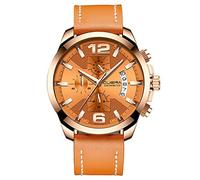 Men's Watches,Sports Waterproof Watch 3 Eyes 6-Piece Quartz Watch, Rose Gold Orange Face Orange Belt