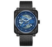 Men's Watches,Waterproof Luminous Square Transparent Hollow Automatic Mechanical Watch, Blue Mesh Belt