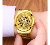 Men's Waterproof Ultra-Thin Steel Strap Watch Calendar Gold Dragon and Phoenix Couple Watch