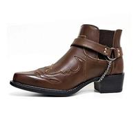 Men's Western Ankle Boots Buckle Strap Boots Retro Leather Square Toe Cowboy Short Boots Cowboy Motorcycle Boots,Brown,42