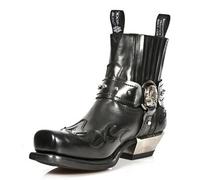 Men's Western Ankle Boots with Buckle Straps - Retro Leather Square Toe Cowboy Motorcycle Boots, Black, 42