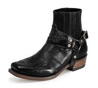 Men's Western Ankle Boots with Buckle Straps - Retro Leather Square Toe Cowboy Short Boots, Black, 44
