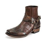 Men's Western Ankle Boots with Buckle Straps - Retro Leather Square Toe Cowboy Short Boots - Dark Brown, 45