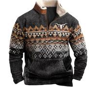 Men's Western Aztec Sweatshirts Tribal Country Pullover Loose Jacket Quarter Zip Fleece Stand Collar Sweatshirts Vintage Warm Tops