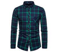 Mens Western Button Down Plaid Shirts Regular Fit Long Sleeve Dress Shirts Soft Cotton Casual Business Work T-Shirts with Pocket Checkered Fitted Flannel Shirt B-Green
